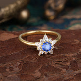 Cluster Lab Grown Sapphire Engagement Ring Round Cut Floral Bridal Ring